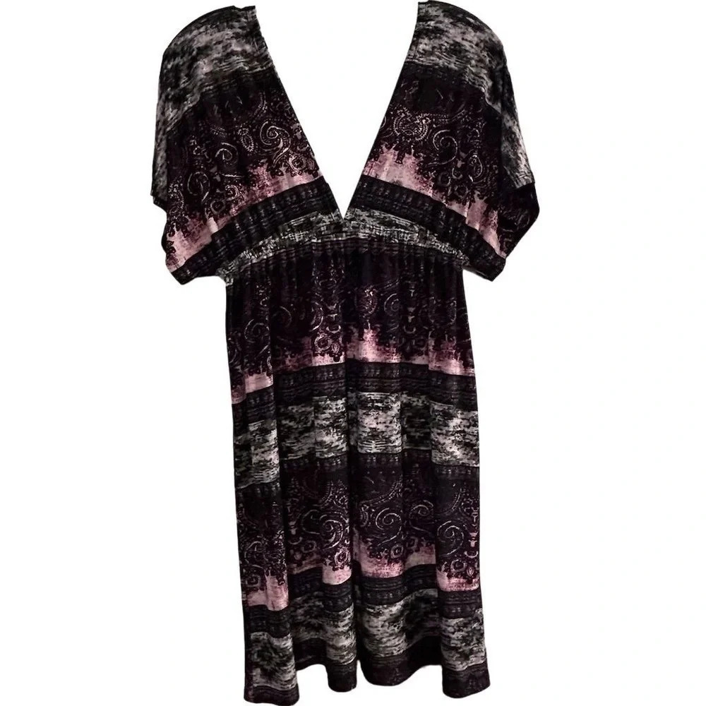 Cristina Love Women's XL V-Neck Short Sleeve Multicolor Boho Dress‎ Y2K style
